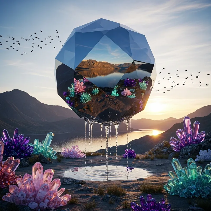 Realistic Hovering Metallic Figure & Crystal Garden