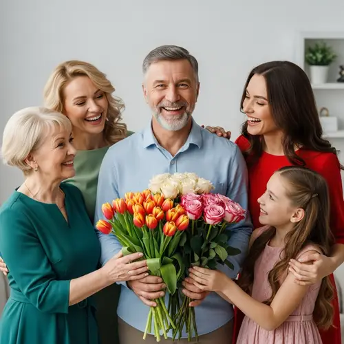 Heartwarming Family Moment with Bouquets of Tulips and Roses