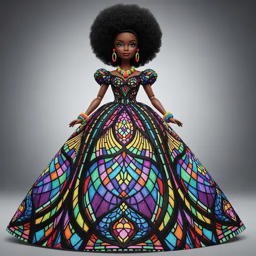 Stained Glass Barbie Doll: Afro Ball Gown & Colorful Jewelry