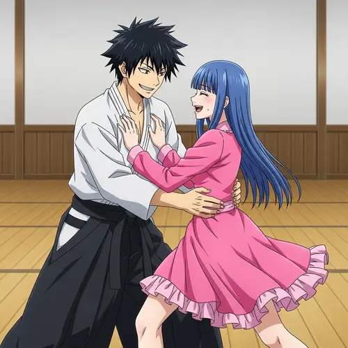 Playful Martial Arts Wrestling Match with Male and Female Characters