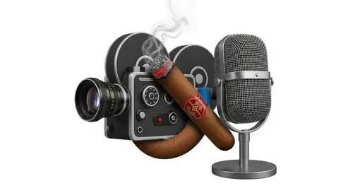 Realistic Cinema Camera, Cigar & Podcast Microphone Logo Design