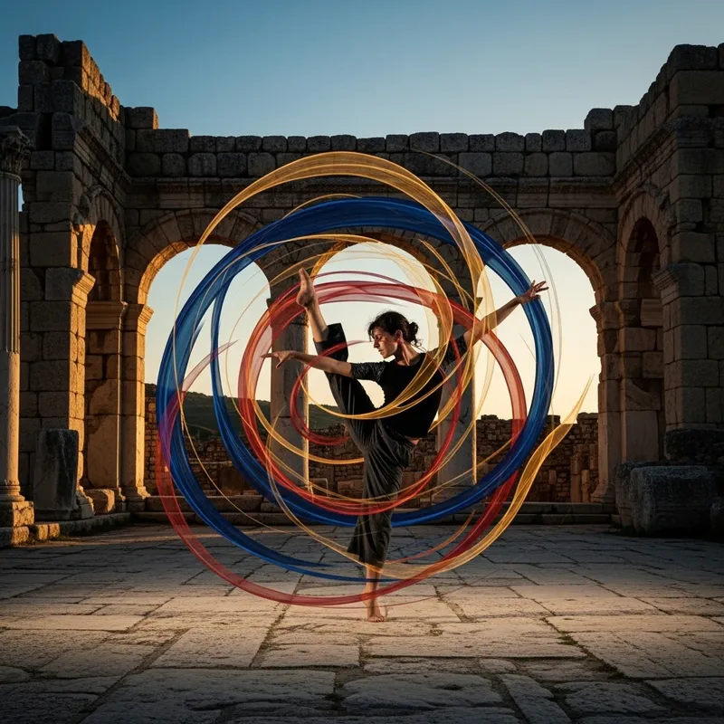 Choreographer Dancing Among Ancient Ruins, Colorful Lines, Ribbons, Contem. Master of Dance Performing at Ancient Structures.