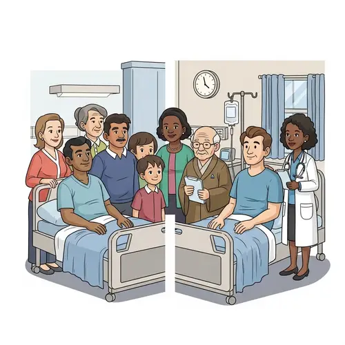 Hospital Room Illustration: Diverse Group Providing Support