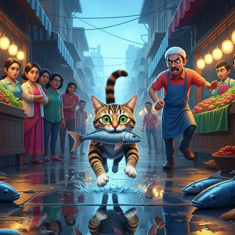 Lively Market Chase: Fearful Tabby Cat's Fish Frenzy Lively Market Chase: Fearful Tabby Cat's Fish Frenzy
