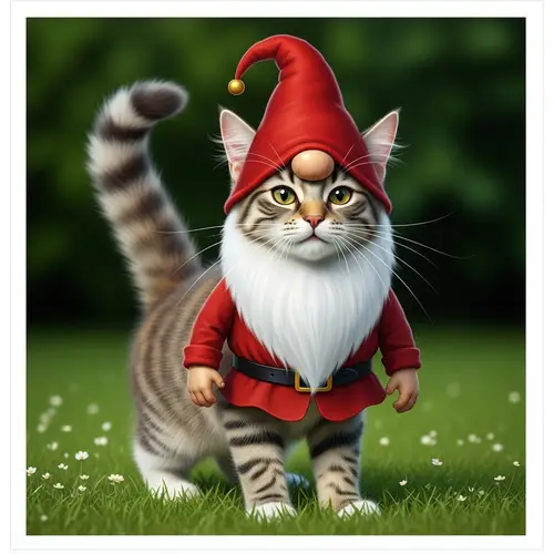 Unique Gnome-Cat Creature in Lush Green Garden