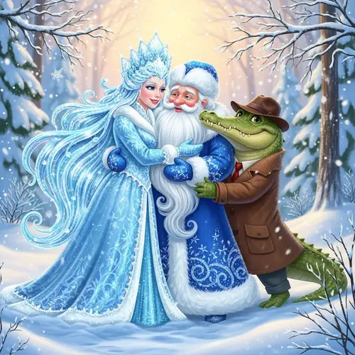 Snow Queen Embracing Father Frost and Crocodile | Fairy Tale Scene