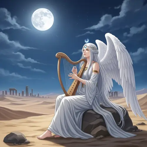 Anime Princess Serenity Playing Harp in Moonlit Desert