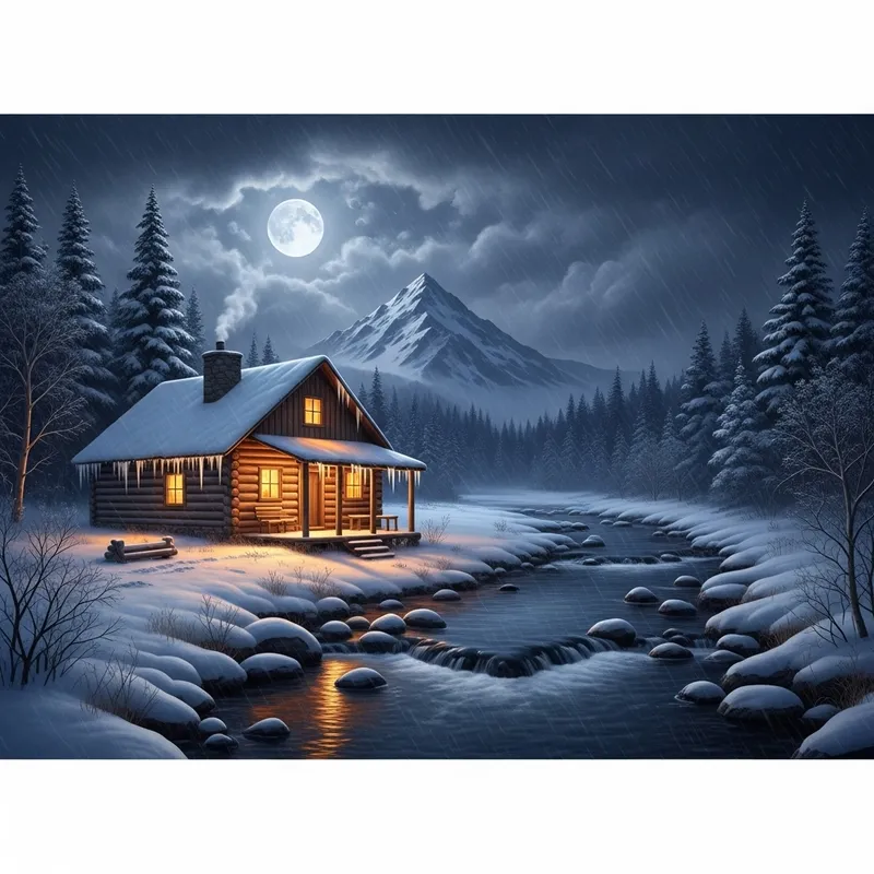 Winter Storm Log Cabin at Creek | Moonlit Mountain Peak