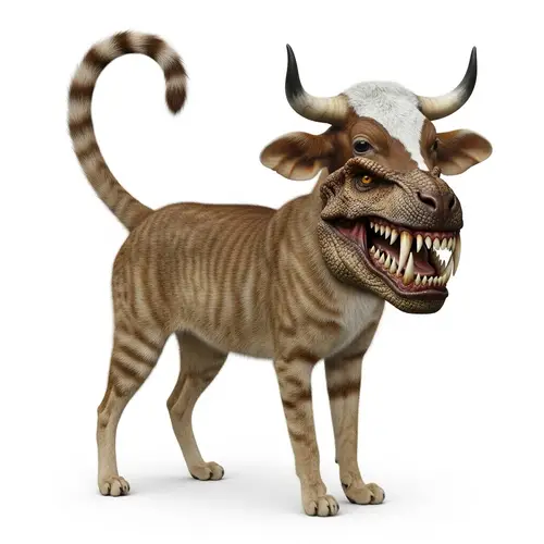 Mythical Hybrid Creature: Cat Body, Dog-Like Legs, Lion Tail, Cow Ears, Dinosaur Teeth