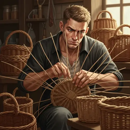Muscular Man Weaving Baskets with Intense Look | Workshop Scene