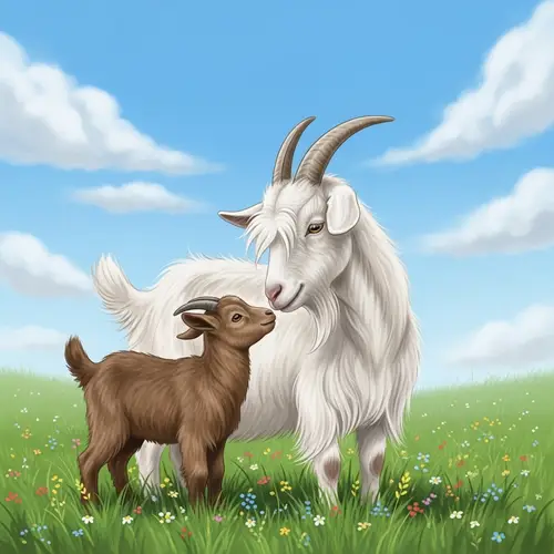 Heartwarming Scene of Mother Goat and Kid in Meadow