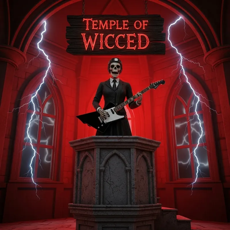 Crimson Temple Scene: Female Skeleton Preacher Playing Guitar