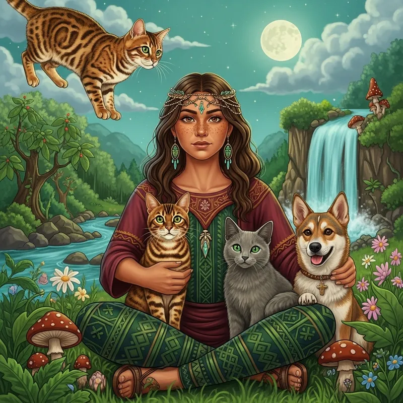 Golden Bengal Cat & Shaman Woman in Nature with Ethereal Moonlight