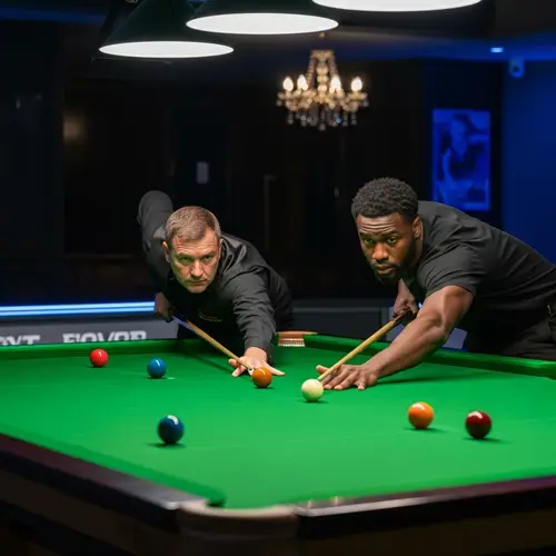 Professional Snooker Game: Intense Match between Middle-Aged Player and Athlete