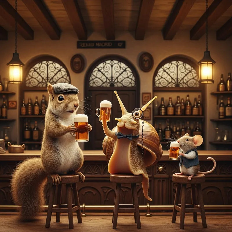 Surreal Moment: Squirrel, Mollusk, and Mouse Sipping Beer in Madrid Pub
