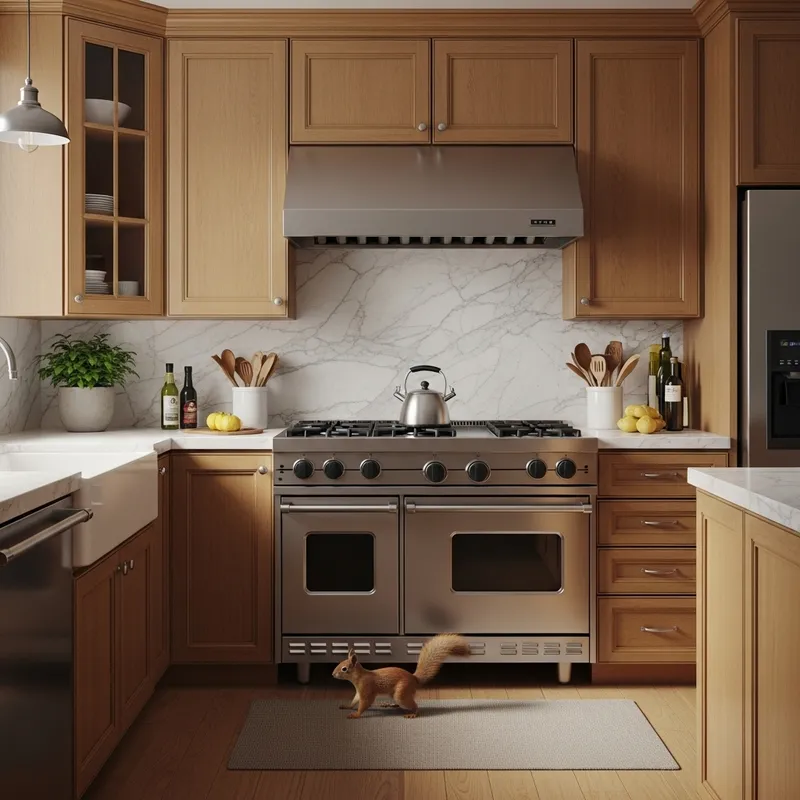 Lonely Red Squirrel in Empty Kitchen | Unique Scene Lonely Red Squirrel in Empty Kitchen | Unique Scene