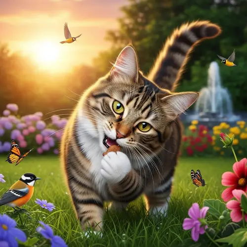 Tranquil Feline Life in Nature: Domestic Cat Foraging in Garden