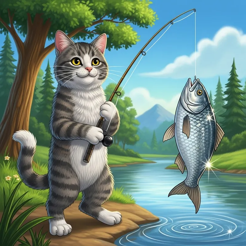 Feline Angler Lands Impressive Catch: A Fishing Masterpiece