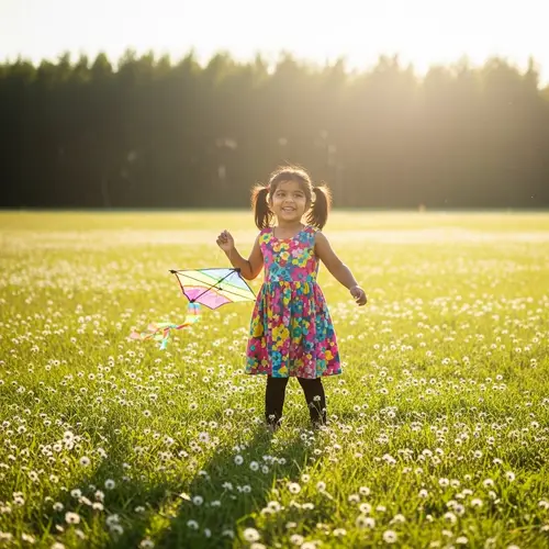 Young Girl Playing in Sunlit Field with Colorful Kite