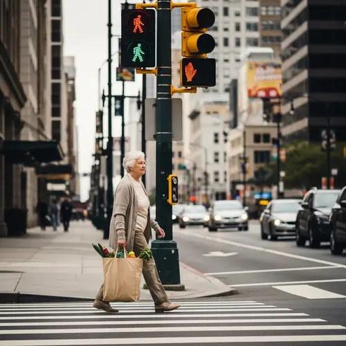 Elderly Woman Crossing City Road with Bag of Groceries