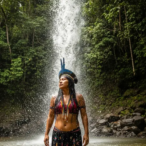 Indigenous Brazilian Woman Bathing Under Waterfall | Tranquil Nature Scene
