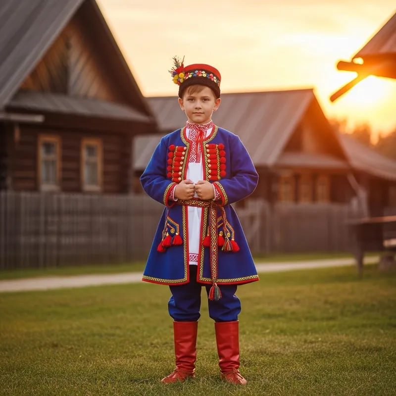 Caucasian Boy in Vibrant Eastern European Folk Attire