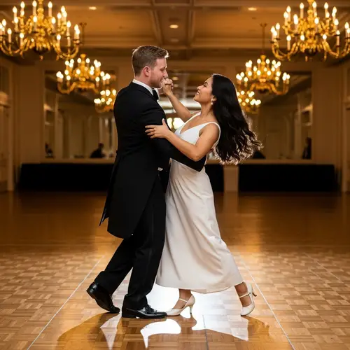 Elegant Waltzing Couple in Classic Black Tuxedo and White Dress