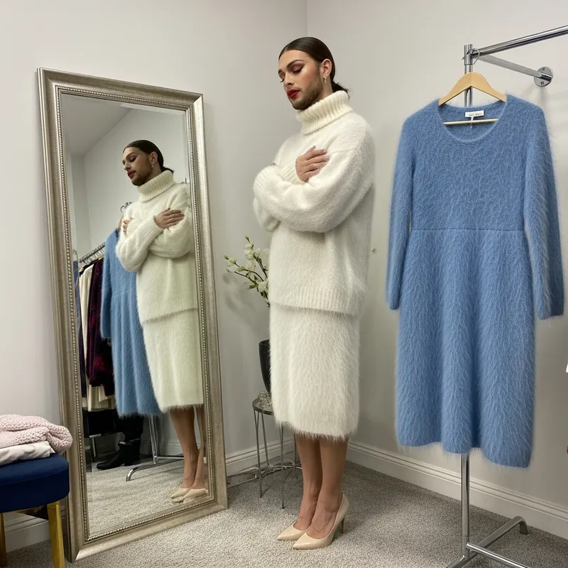 Feminized Thin Man in Angora Sweater Chooses Fluffy Dress
