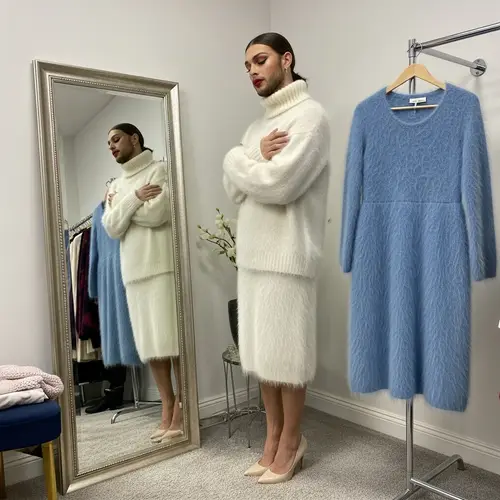 Feminized Thin Man in Angora Sweater - Unique Makeup Style