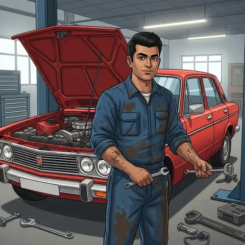 Experienced South Asian Male Mechanic in Blue Uniform Working on Vintage Red Sedan
