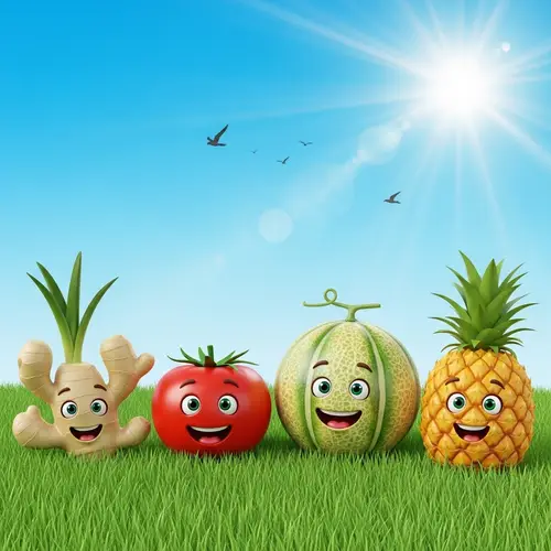 Cartoon Fruits and Vegetables on Green Grass
