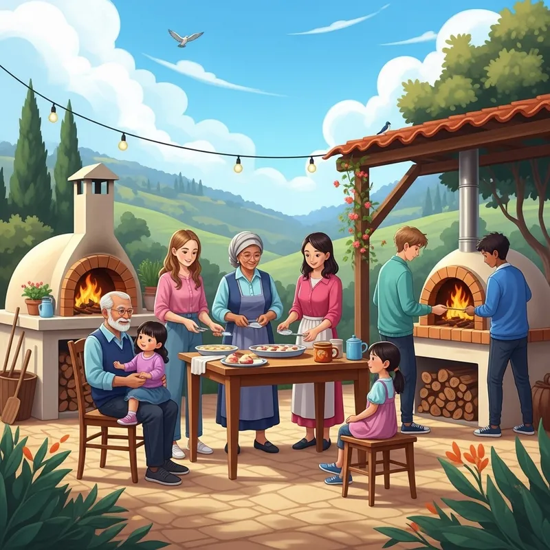 Multigenerational Family Joyfully Baking New Year Desserts Outdoors