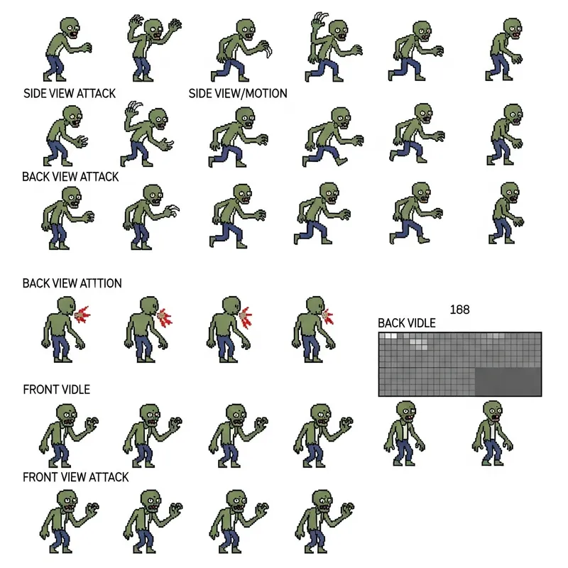 Pixel Art Zombie Sprite Sheet | Side-View, Attack, Move, Idle | 160x288px Pixel Art Zombie Sprite Sheet | Side-View, Attack, Move, Idle | 160x288px