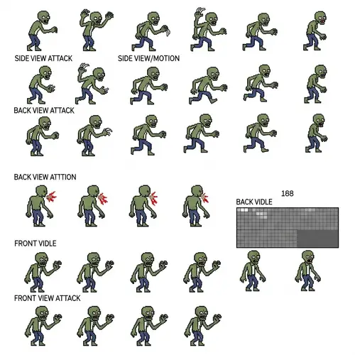 Pixel Art Zombie Character Sprite Sheet for Game | 160x288 Pixels