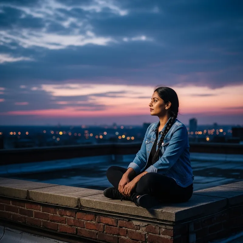 Tranquil Rooftop Scene: Person Gazing at Sky