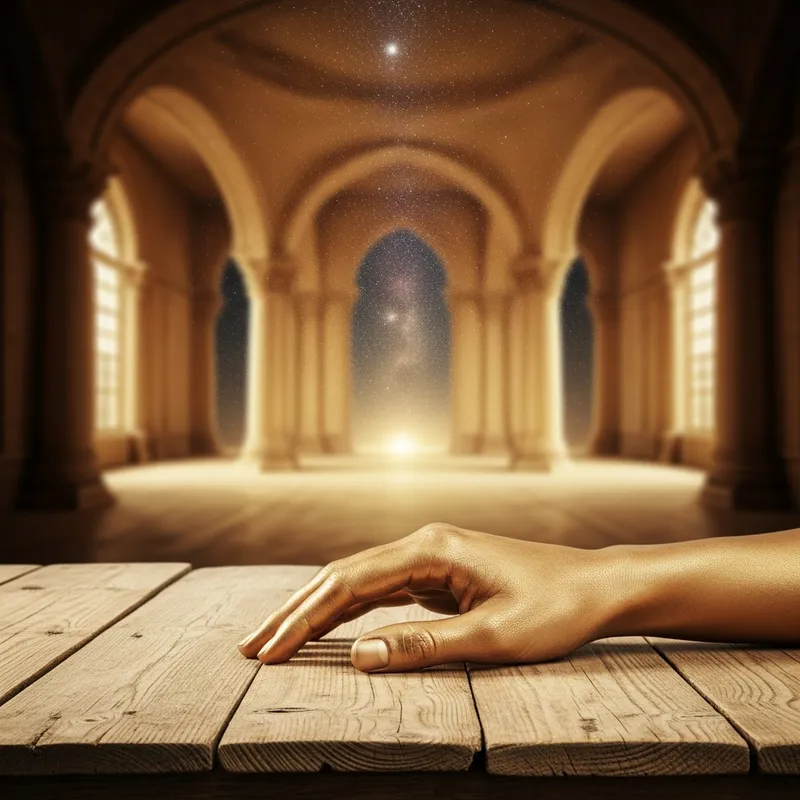 Gold Hand on Wooden Table: Mystical Room with Stars