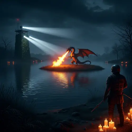 Dark Waterside Scenery with Dragon and Camouflaged Tower