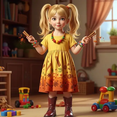 Golden-Haired Girl in Spice-Colored Dress | Charming Room Scene
