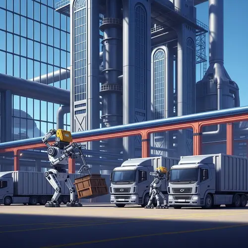 Colorful Future Steel Mill with Robot Workers and Trucks