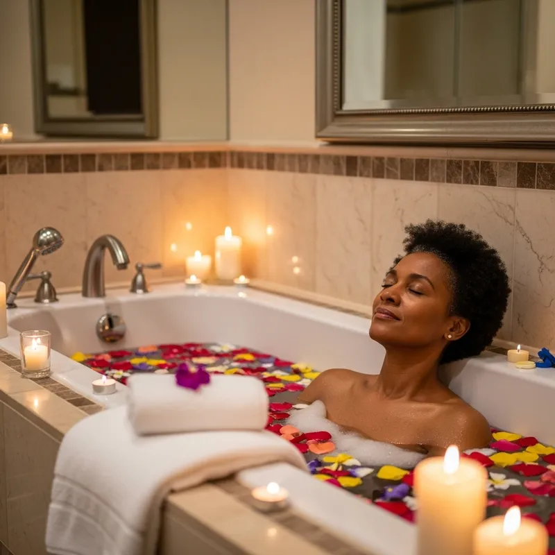 Tranquil Bathing Moment: African Woman in Elegant Bathtub
