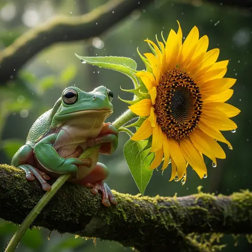 Adorable Frog Holding Sunflower