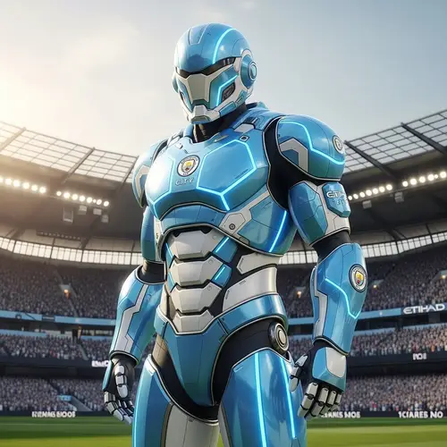 Sky Blue and White Futuristic Armored Suit | Manchester FC Colors