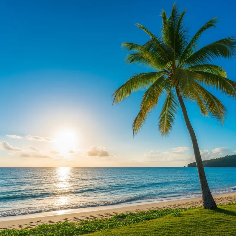 Serene Beach Scene with Palm Tree and Blue Sky