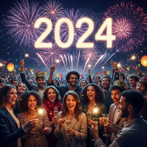 2024 New Year's Celebration: Joyful Crowd under Colorful Fireworks
