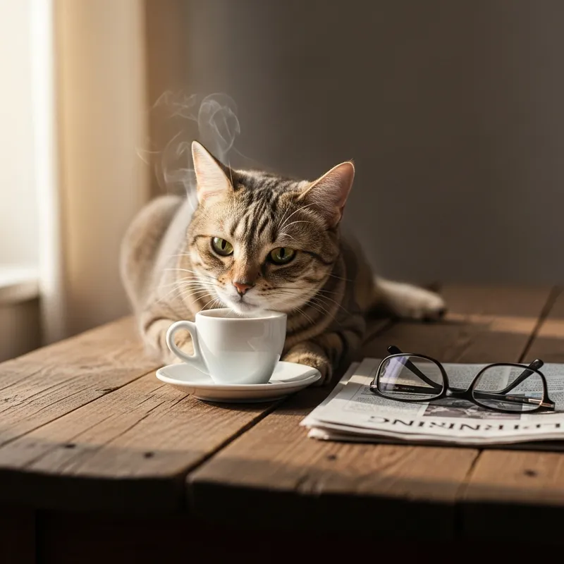 Curious Cat Enjoying Morning Coffee | Rustic Wooden Table Curious Cat Enjoying Morning Coffee | Rustic Wooden Table