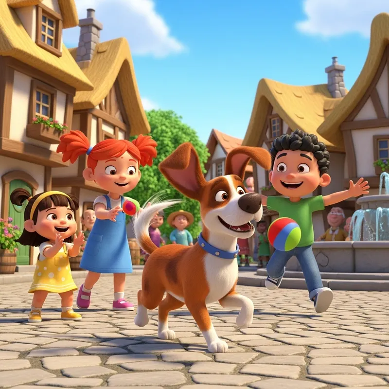 Friendly Brown and White Dog Playing with Children in 3D Animation