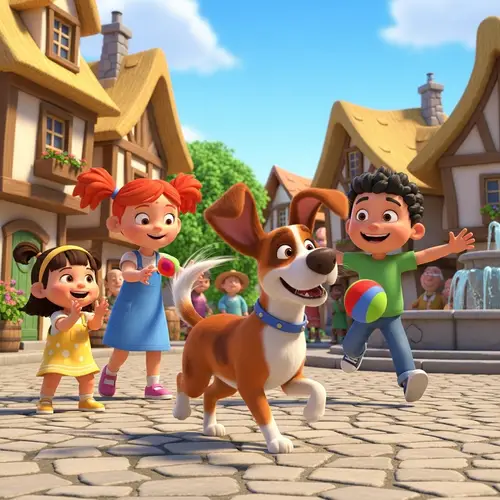 Friendly Dog Playing with Children in Vibrant 3D Animation