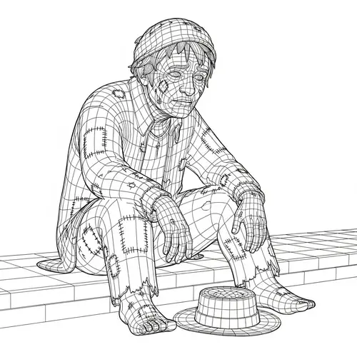 3D Beggar Representation in Line Art - Poverty and Strength