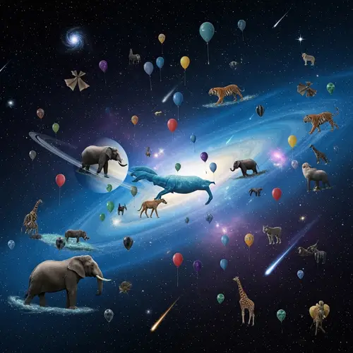 Cosmic Zoo: Surrealistic Scenes with Zoo Animals and Balloons