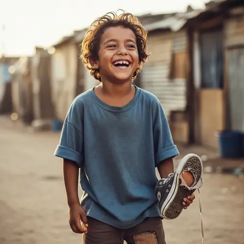 Happy Child in Poverty with Worn Shoe - Portrait of Resilience